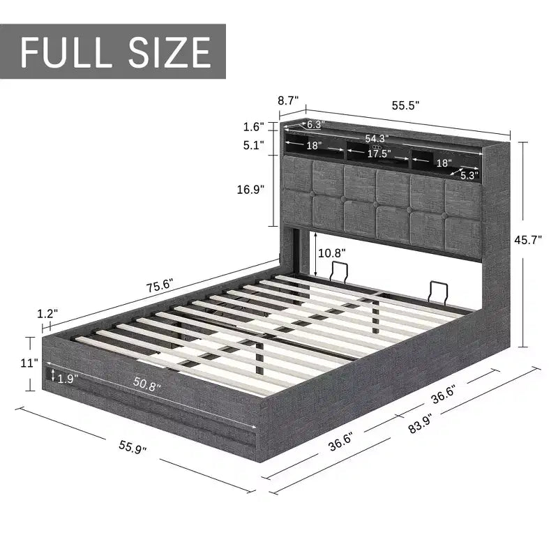 VECELO Full/Queen Size Upholstered Lift Up Storage Bed, Metal Frame Platform Bed with Lighted Headboard, USB Ports and Shelves, Brown/Gray