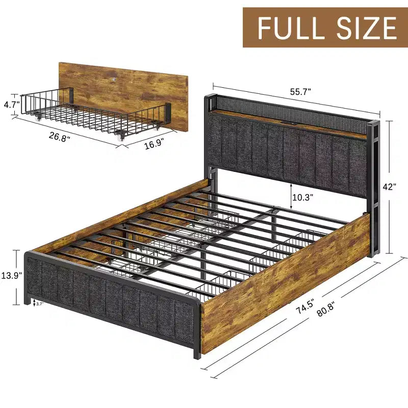 VECELO Full/Queen Size Upholstered Lift Up Storage Bed, Metal Frame Platform Bed with Lighted Headboard, USB Ports and Shelves, Brown/Gray