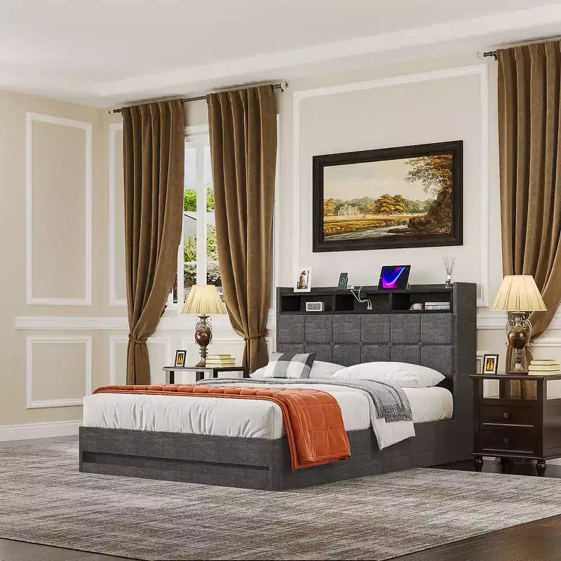 VECELO Full/Queen Size Upholstered Lift Up Storage Bed, Metal Frame Platform Bed with Lighted Headboard, USB Ports and Shelves, Brown/Gray