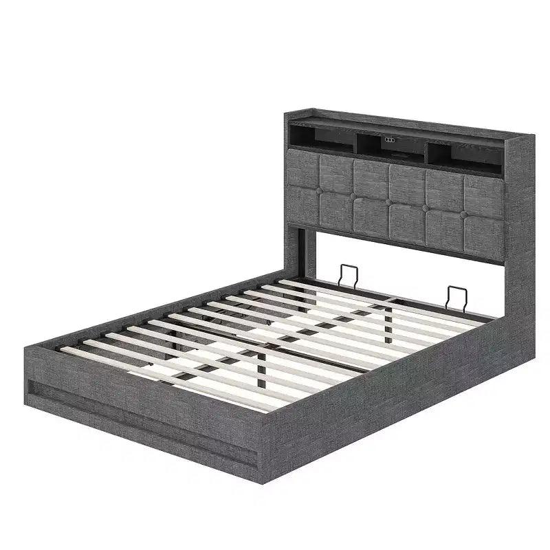 VECELO Full/Queen Size Upholstered Lift Up Storage Bed, Metal Frame Platform Bed with Lighted Headboard, USB Ports and Shelves, Brown/Gray