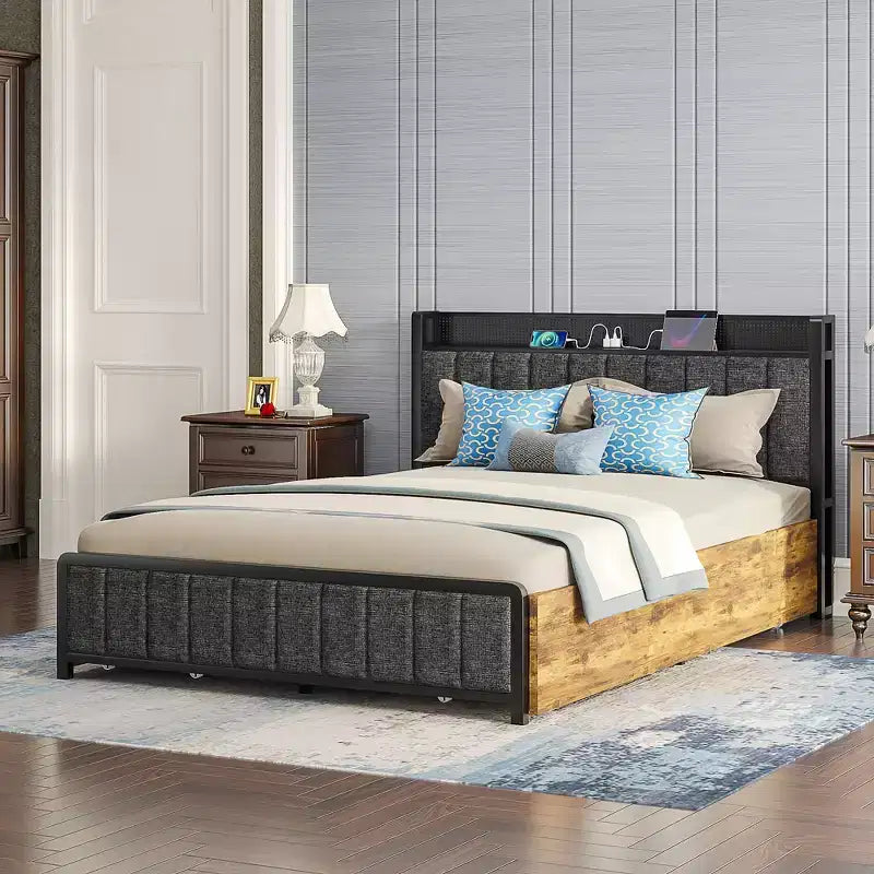 VECELO Full/Queen Size Upholstered Lift Up Storage Bed, Metal Frame Platform Bed with Lighted Headboard, USB Ports and Shelves, Brown/Gray