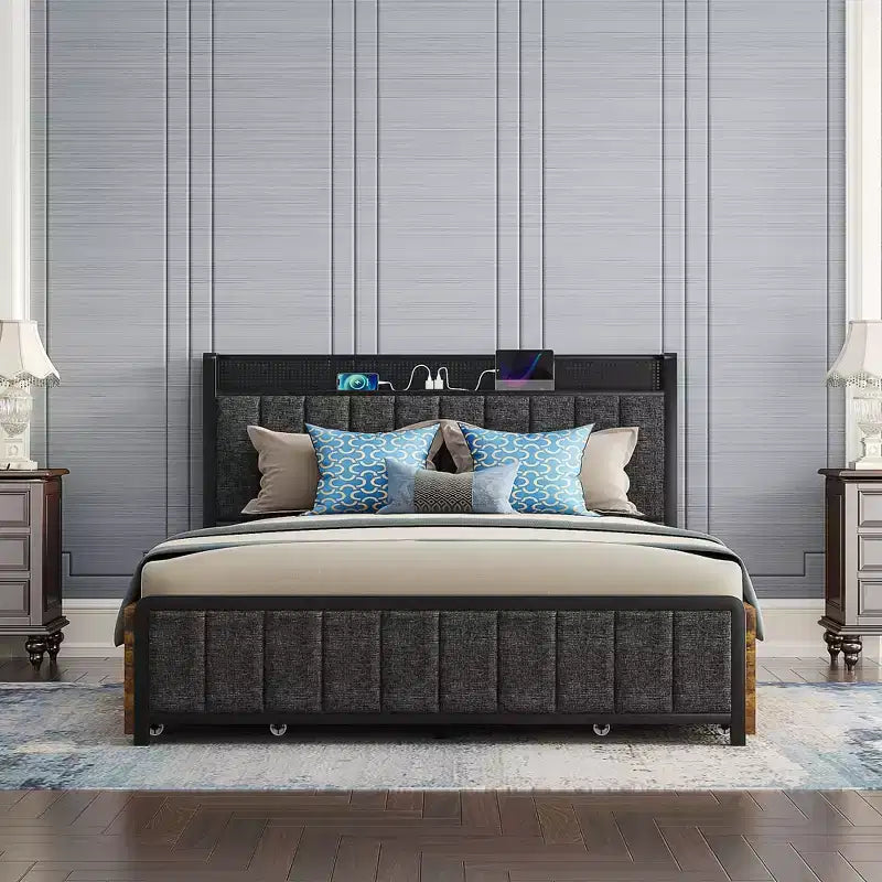 VECELO Full/Queen Size Upholstered Lift Up Storage Bed, Metal Frame Platform Bed with Lighted Headboard, USB Ports and Shelves, Brown/Gray