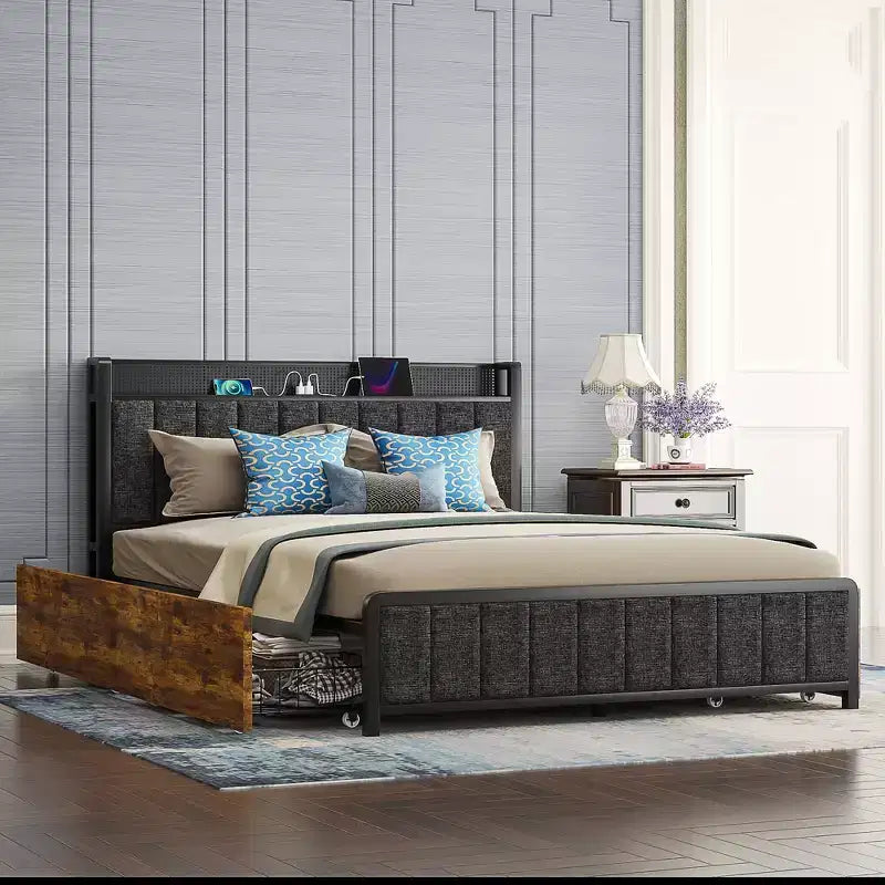 VECELO Full/Queen Size Upholstered Lift Up Storage Bed, Metal Frame Platform Bed with Lighted Headboard, USB Ports and Shelves, Brown/Gray