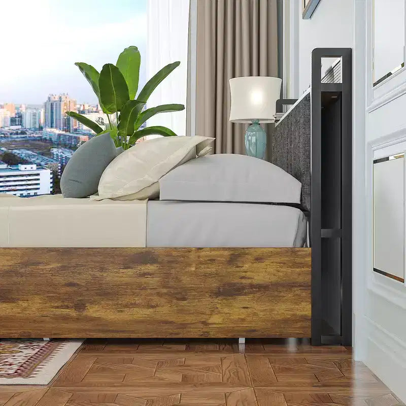 VECELO Full/Queen Size Upholstered Lift Up Storage Bed, Metal Frame Platform Bed with Lighted Headboard, USB Ports and Shelves, Brown/Gray
