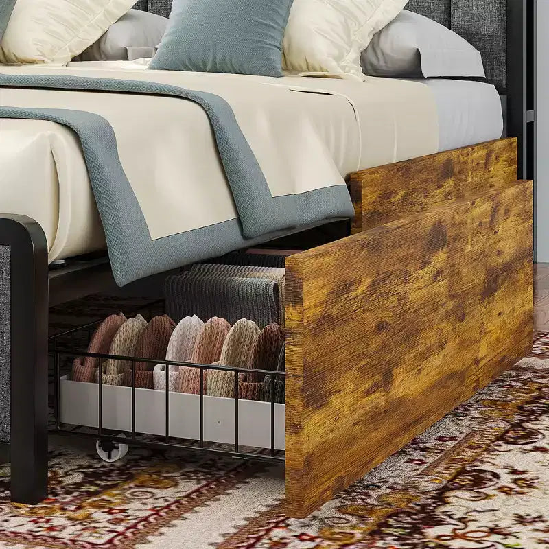 VECELO Full/Queen Size Upholstered Lift Up Storage Bed, Metal Frame Platform Bed with Lighted Headboard, USB Ports and Shelves, Brown/Gray