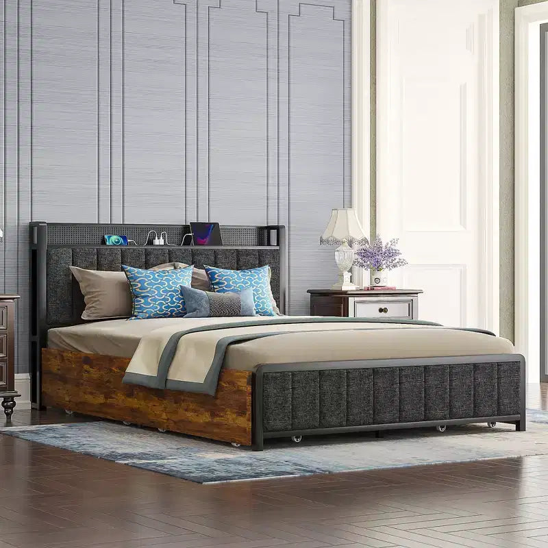 VECELO Full/Queen Size Upholstered Lift Up Storage Bed, Metal Frame Platform Bed with Lighted Headboard, USB Ports and Shelves, Brown/Gray