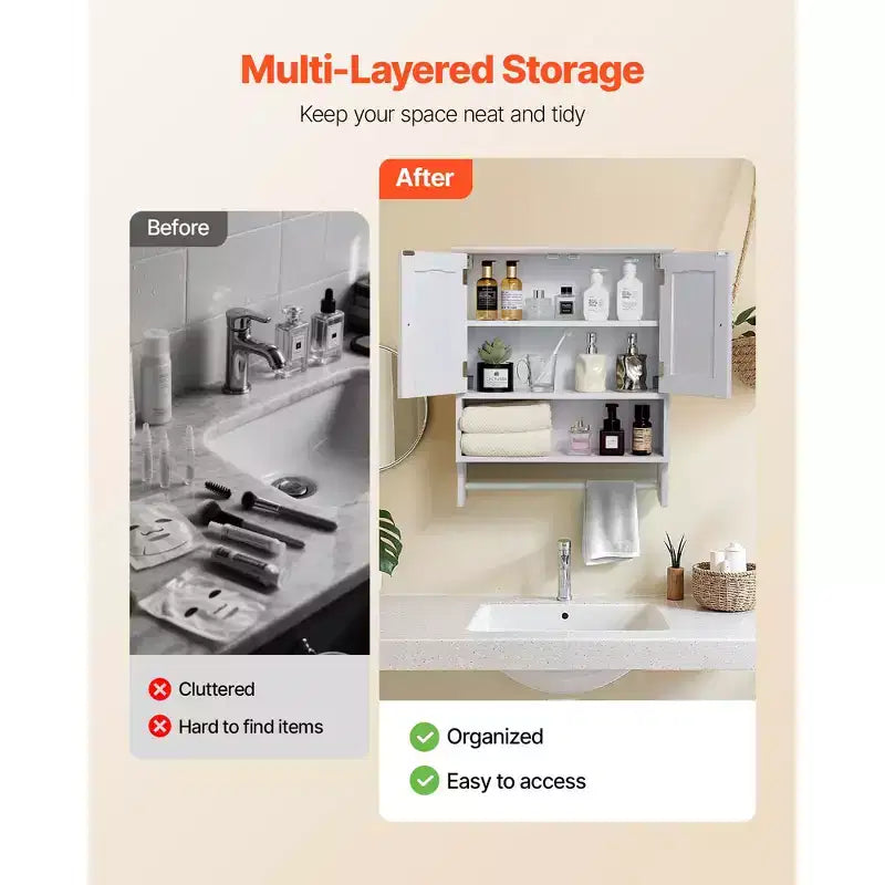 VEVOR Bathroom Wall Cabinet,2 Doors and Adjustable Shelf,Over the Toilet Storage Medicine Cabinet Wall Mounted,with Open Partition and Towel Bar,White