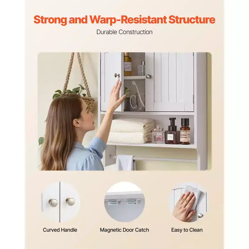 VEVOR Bathroom Wall Cabinet,2 Doors and Adjustable Shelf,Over the Toilet Storage Medicine Cabinet Wall Mounted,with Open Partition and Towel Bar,White