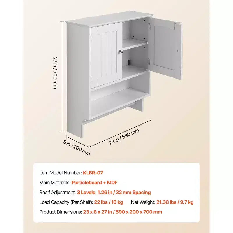 VEVOR Bathroom Wall Cabinet,2 Doors and Adjustable Shelf,Over the Toilet Storage Medicine Cabinet Wall Mounted,with Open Partition and Towel Bar,White