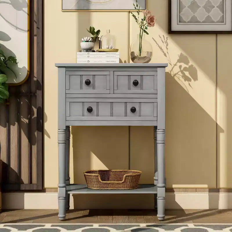 Farmhouse Small Console Table with Storage, Retro Wood Entryway Table with Drawers and Bottom Shelf, Wood Slim Side Table for Entryway