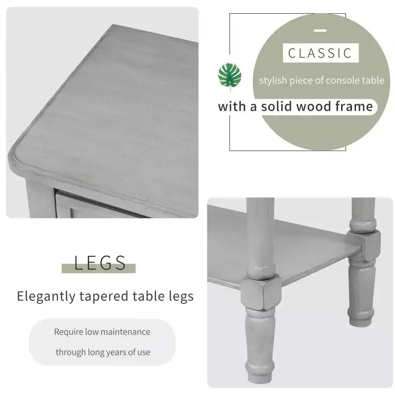 Farmhouse Small Console Table with Storage, Retro Wood Entryway Table with Drawers and Bottom Shelf, Wood Slim Side Table for Entryway