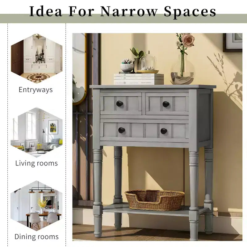 Farmhouse Small Console Table with Storage, Retro Wood Entryway Table with Drawers and Bottom Shelf, Wood Slim Side Table for Entryway