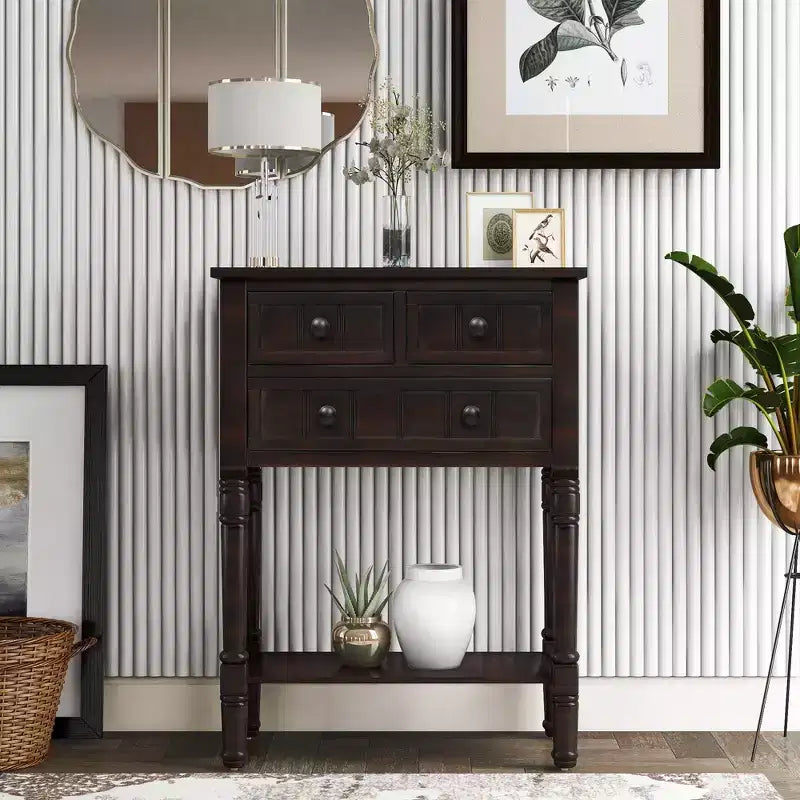 Farmhouse Small Console Table with Storage, Retro Wood Entryway Table with Drawers and Bottom Shelf, Wood Slim Side Table for Entryway