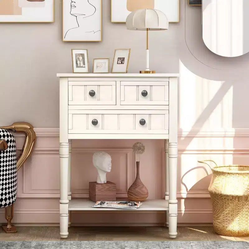 Farmhouse Small Console Table with Storage, Retro Wood Entryway Table with Drawers and Bottom Shelf, Wood Slim Side Table for Entryway