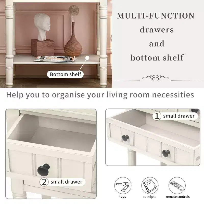 Farmhouse Small Console Table with Storage, Retro Wood Entryway Table with Drawers and Bottom Shelf, Wood Slim Side Table for Entryway
