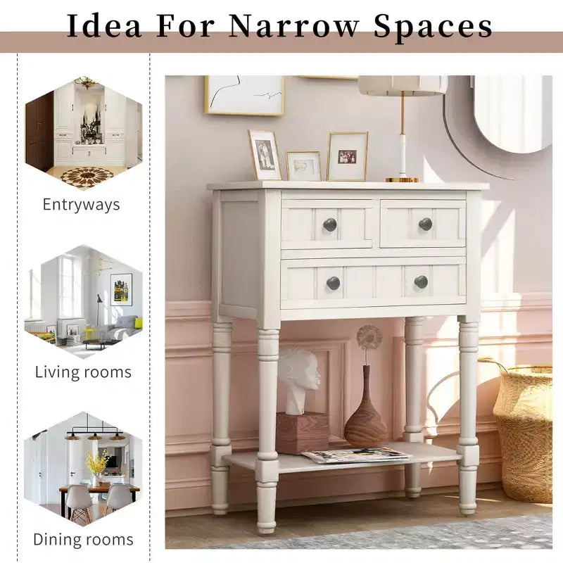 Farmhouse Small Console Table with Storage, Retro Wood Entryway Table with Drawers and Bottom Shelf, Wood Slim Side Table for Entryway