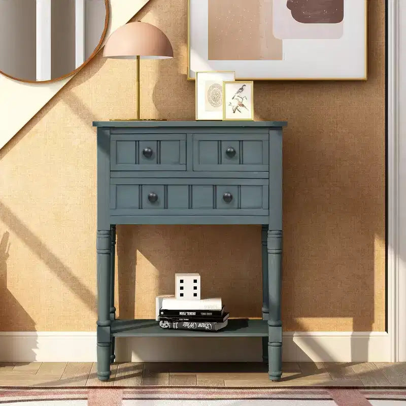Farmhouse Small Console Table with Storage, Retro Wood Entryway Table with Drawers and Bottom Shelf, Wood Slim Side Table for Entryway