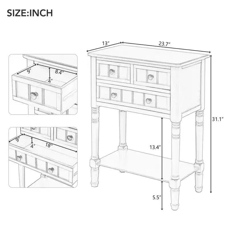 Farmhouse Small Console Table with Storage, Retro Wood Entryway Table with Drawers and Bottom Shelf, Wood Slim Side Table for Entryway