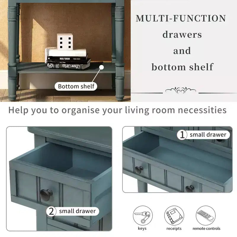Farmhouse Small Console Table with Storage, Retro Wood Entryway Table with Drawers and Bottom Shelf, Wood Slim Side Table for Entryway