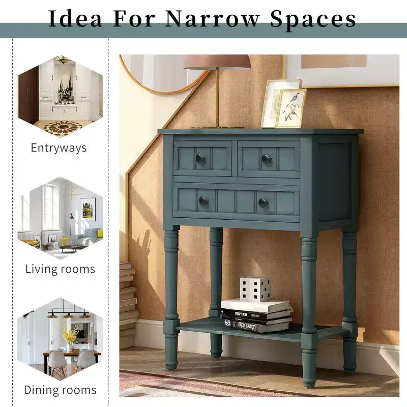 Farmhouse Small Console Table with Storage, Retro Wood Entryway Table with Drawers and Bottom Shelf, Wood Slim Side Table for Entryway