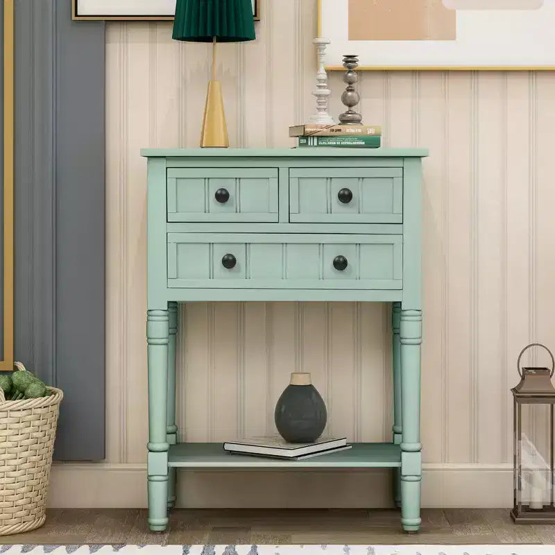 Farmhouse Small Console Table with Storage, Retro Wood Entryway Table with Drawers and Bottom Shelf, Wood Slim Side Table for Entryway