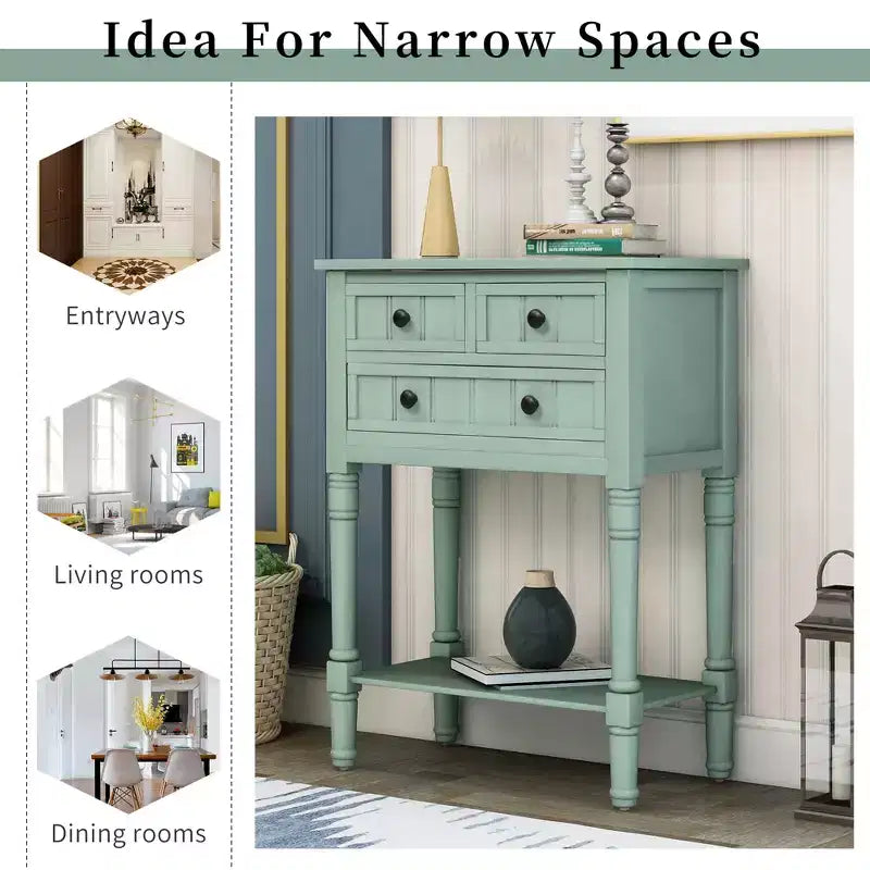 Farmhouse Small Console Table with Storage, Retro Wood Entryway Table with Drawers and Bottom Shelf, Wood Slim Side Table for Entryway