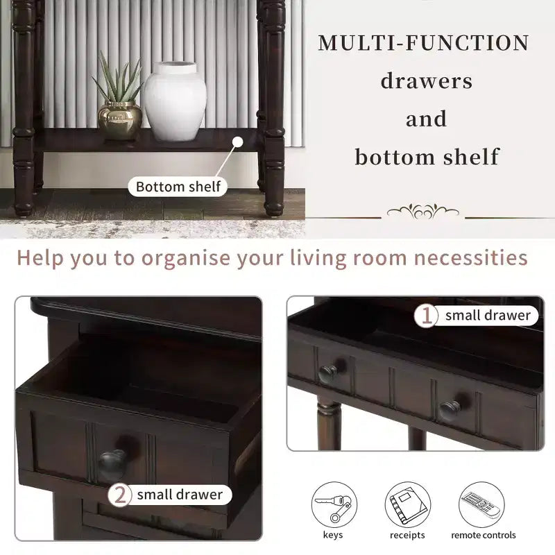 Farmhouse Small Console Table with Storage, Retro Wood Entryway Table with Drawers and Bottom Shelf, Wood Slim Side Table for Entryway