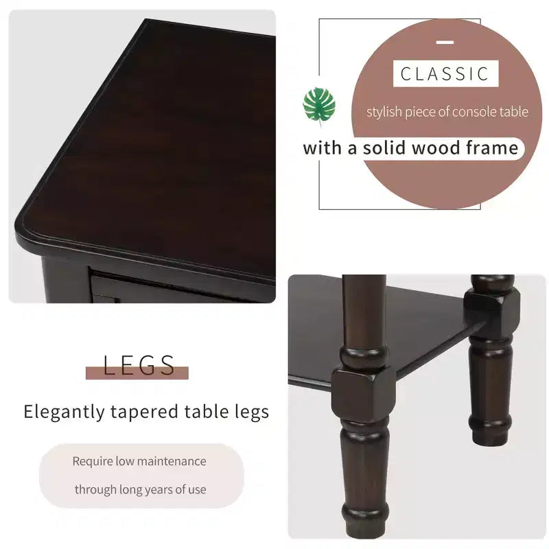 Farmhouse Small Console Table with Storage, Retro Wood Entryway Table with Drawers and Bottom Shelf, Wood Slim Side Table for Entryway