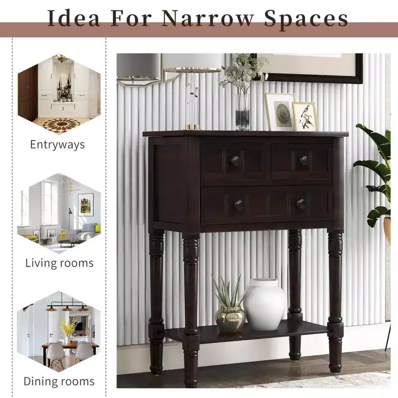 Farmhouse Small Console Table with Storage, Retro Wood Entryway Table with Drawers and Bottom Shelf, Wood Slim Side Table for Entryway