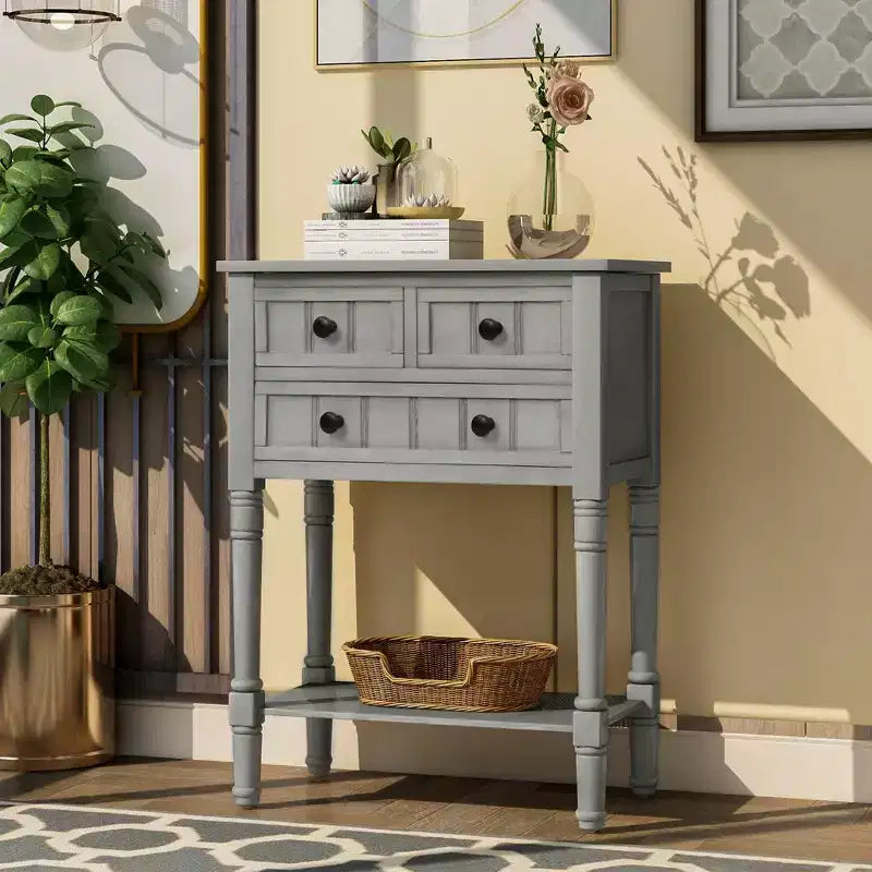 Farmhouse Small Console Table with Storage, Retro Wood Entryway Table with Drawers and Bottom Shelf, Wood Slim Side Table for Entryway
