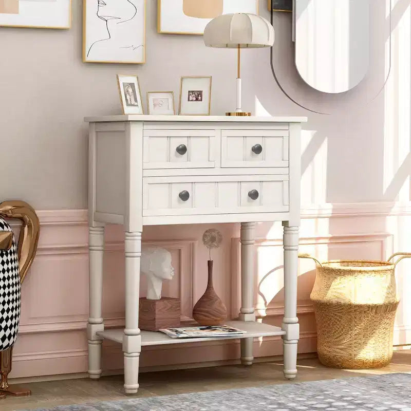 Farmhouse Small Console Table with Storage, Retro Wood Entryway Table with Drawers and Bottom Shelf, Wood Slim Side Table for Entryway