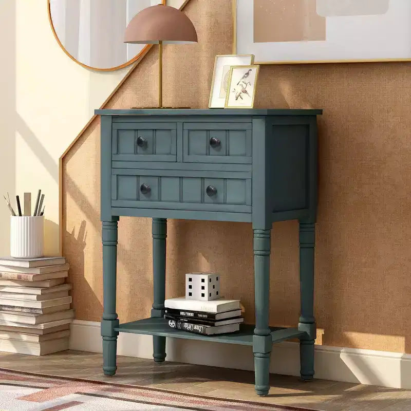 Farmhouse Small Console Table with Storage, Retro Wood Entryway Table with Drawers and Bottom Shelf, Wood Slim Side Table for Entryway