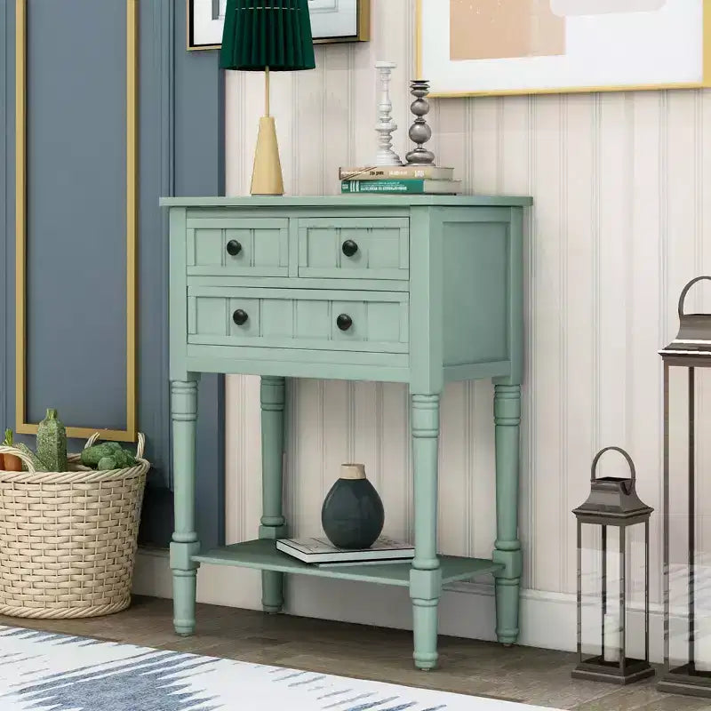 Farmhouse Small Console Table with Storage, Retro Wood Entryway Table with Drawers and Bottom Shelf, Wood Slim Side Table for Entryway