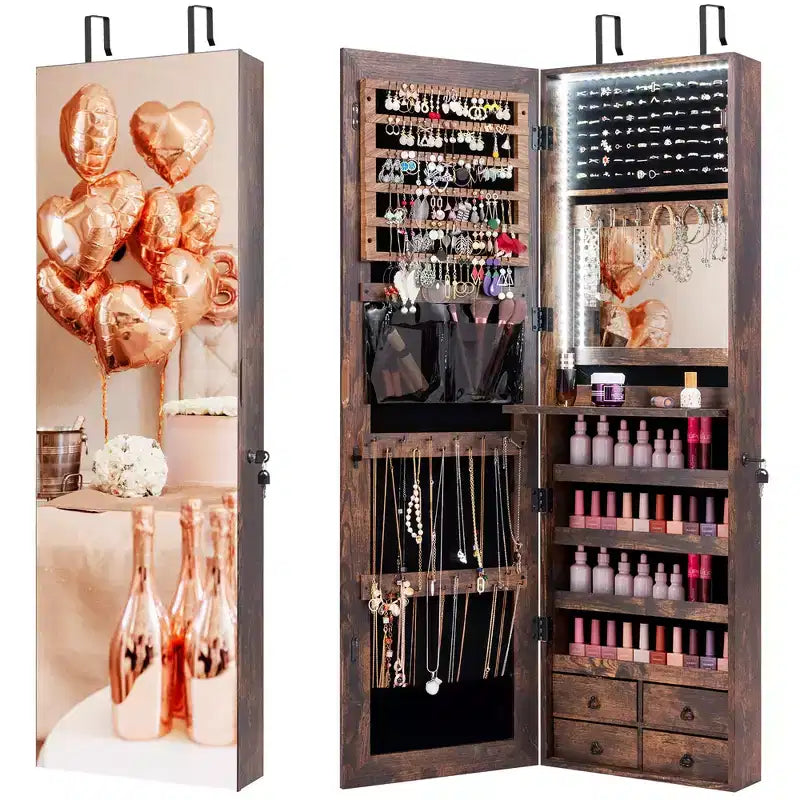 Costway Mirror Jewelry Cabinet 96 LED Lights Wall Door Mounted Armoire w/ Makeup Rack