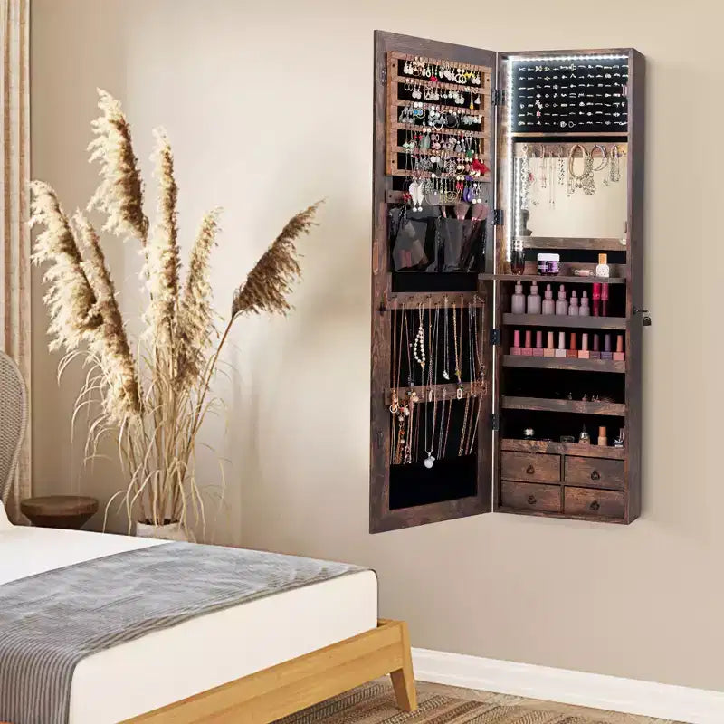 Costway Mirror Jewelry Cabinet 96 LED Lights Wall Door Mounted Armoire w/ Makeup Rack