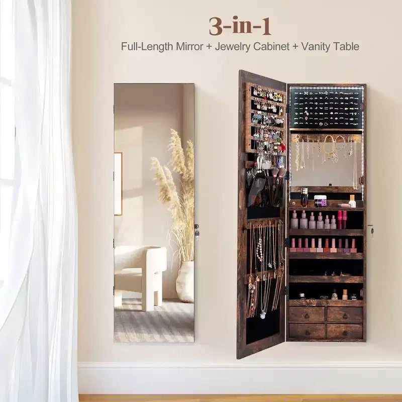 Costway Mirror Jewelry Cabinet 96 LED Lights Wall Door Mounted Armoire w/ Makeup Rack
