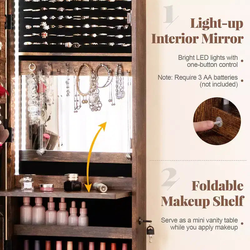 Costway Mirror Jewelry Cabinet 96 LED Lights Wall Door Mounted Armoire w/ Makeup Rack