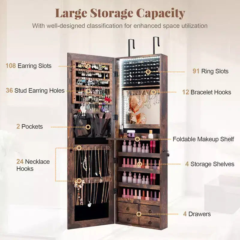 Costway Mirror Jewelry Cabinet 96 LED Lights Wall Door Mounted Armoire w/ Makeup Rack