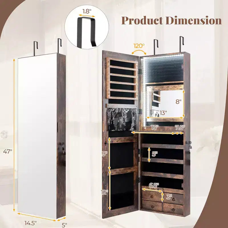 Costway Mirror Jewelry Cabinet 96 LED Lights Wall Door Mounted Armoire w/ Makeup Rack