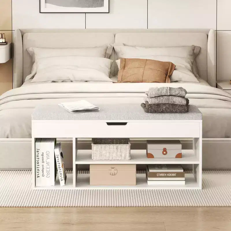 Costway Shoe Bench Home Entryway Shoes Storage Bench w/ Padded Seat & Hidden Storage White