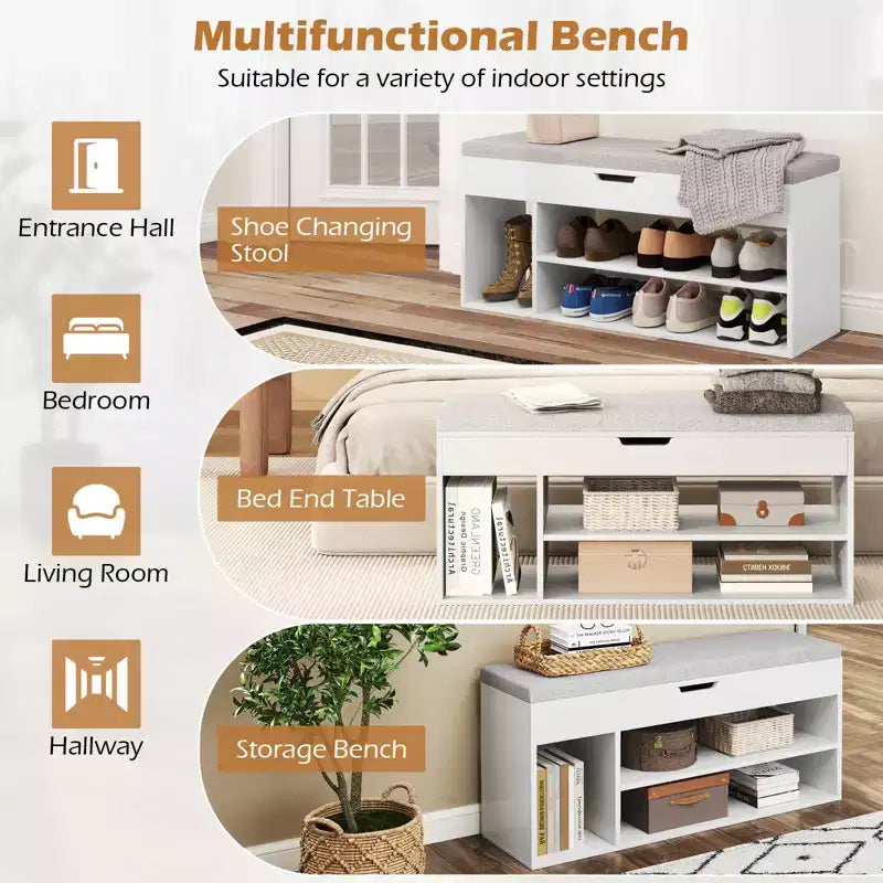 Costway Shoe Bench Home Entryway Shoes Storage Bench w/ Padded Seat & Hidden Storage White
