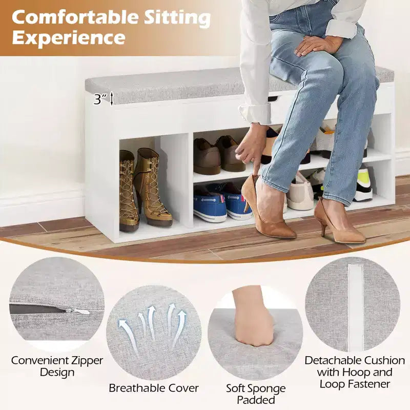 Costway Shoe Bench Home Entryway Shoes Storage Bench w/ Padded Seat & Hidden Storage White