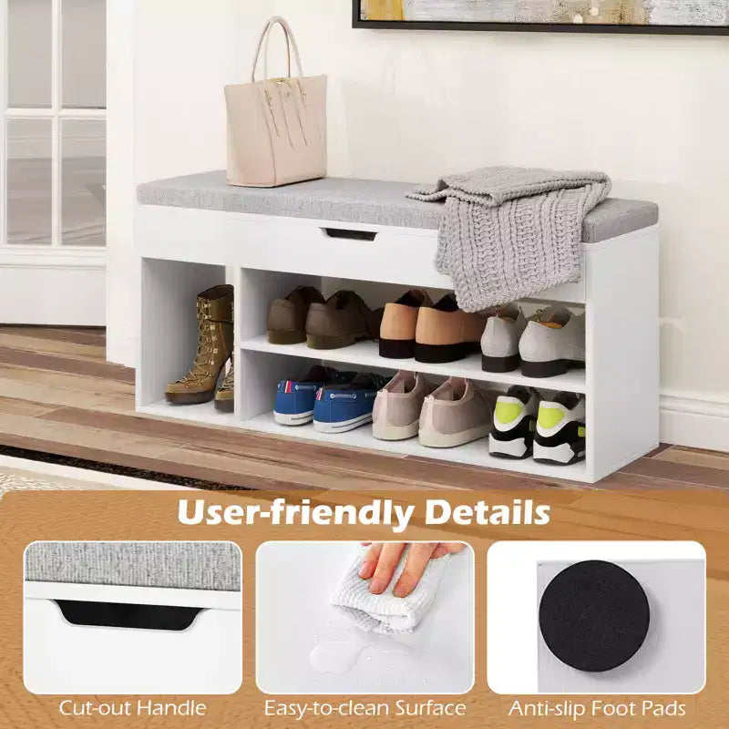 Costway Shoe Bench Home Entryway Shoes Storage Bench w/ Padded Seat & Hidden Storage White