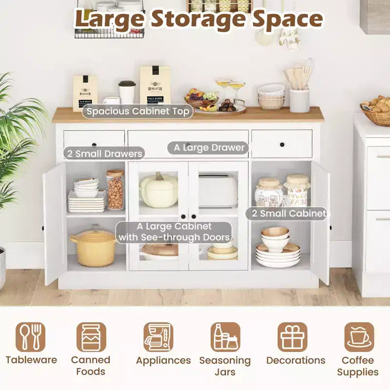 Costway 55 Large Buffet Sideboard w/ 3 Drawers 2 See-through Doors Adjustable Shelves