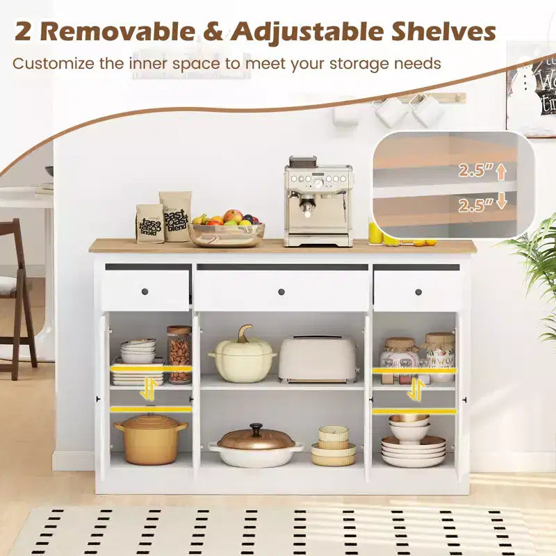 Costway 55 Large Buffet Sideboard w/ 3 Drawers 2 See-through Doors Adjustable Shelves