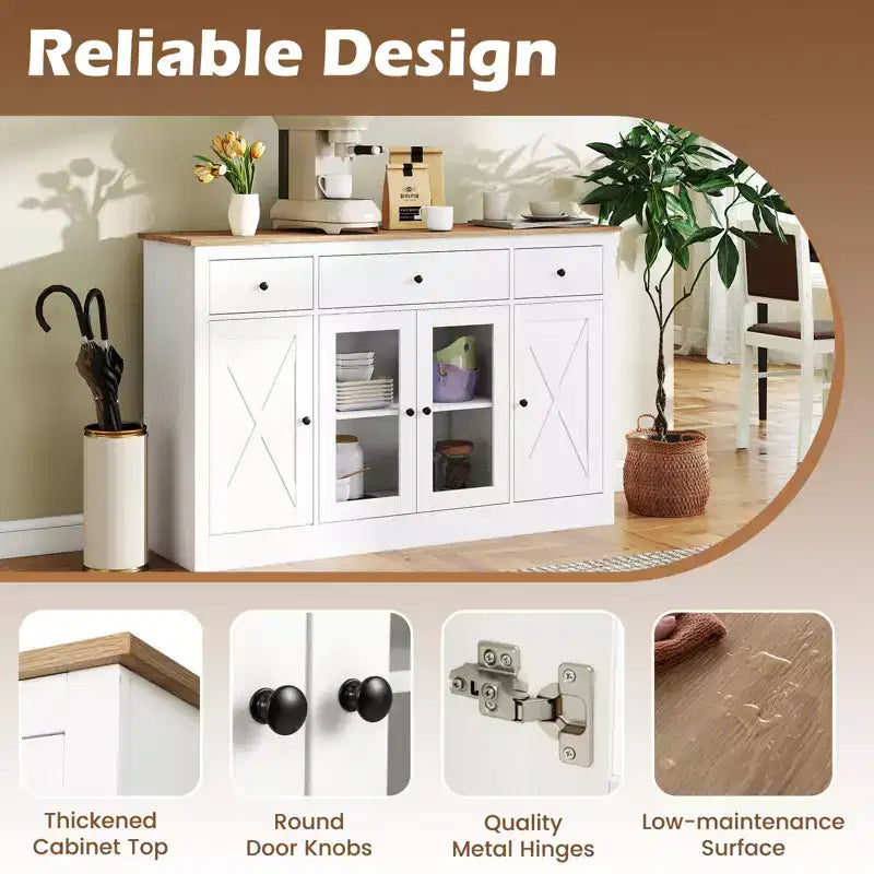 Costway 55 Large Buffet Sideboard w/ 3 Drawers 2 See-through Doors Adjustable Shelves