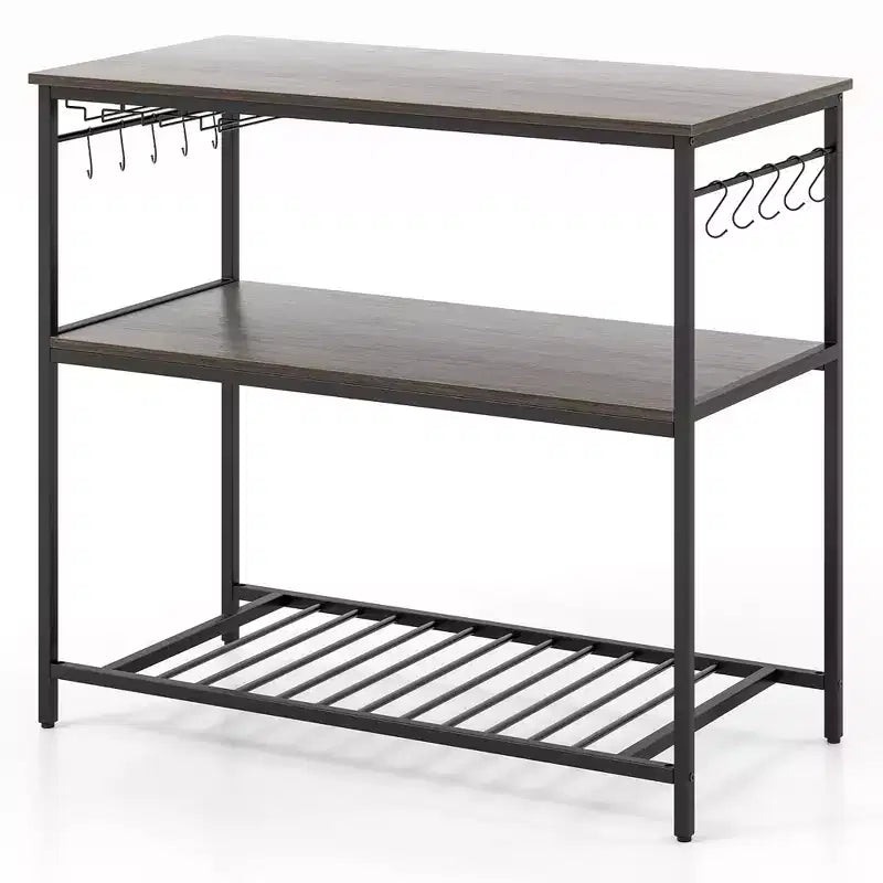 Costway Kitchen Island with 3 Shelves, Industrial Kitchen Counter w/ Glass Holders & 10 Hooks, 3 Tier Kitchen Shelf w/ Heavy Duty Metal Frame