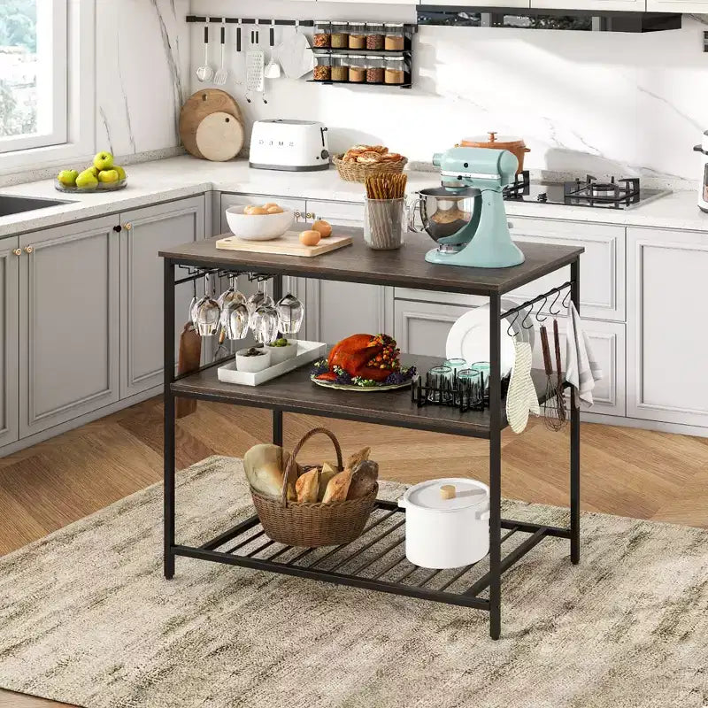 Costway Kitchen Island with 3 Shelves, Industrial Kitchen Counter w/ Glass Holders & 10 Hooks, 3 Tier Kitchen Shelf w/ Heavy Duty Metal Frame