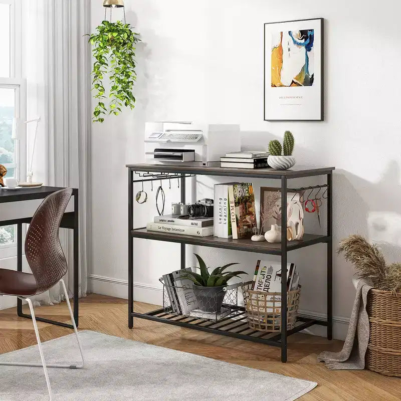 Costway Kitchen Island with 3 Shelves, Industrial Kitchen Counter w/ Glass Holders & 10 Hooks, 3 Tier Kitchen Shelf w/ Heavy Duty Metal Frame