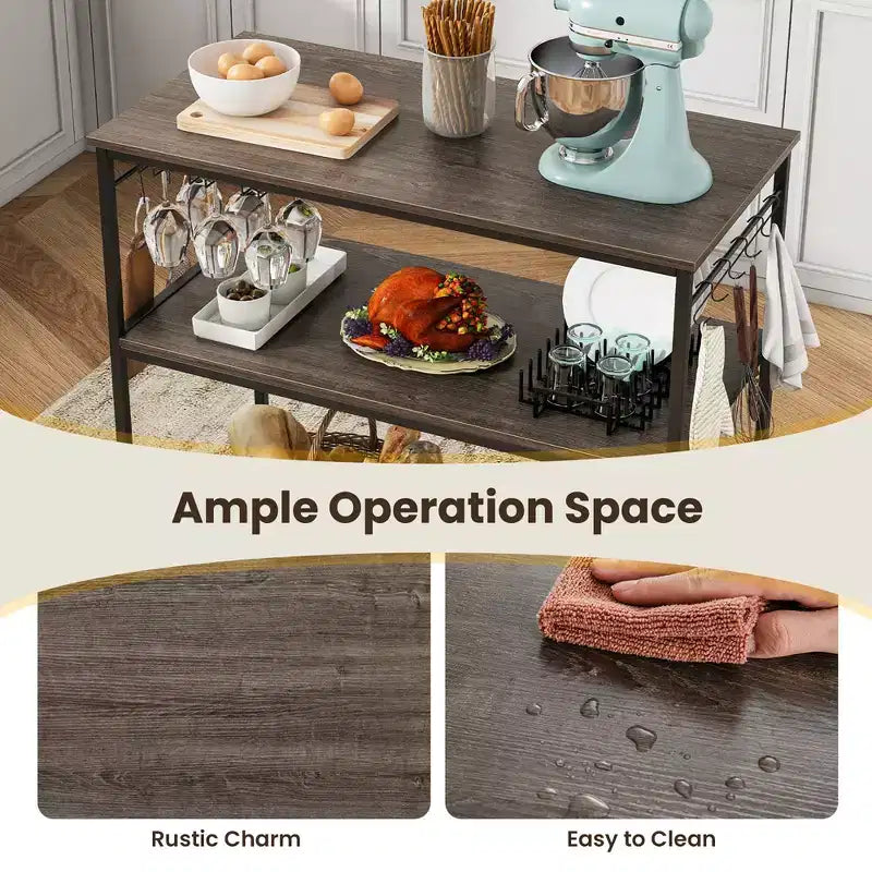Costway Kitchen Island with 3 Shelves, Industrial Kitchen Counter w/ Glass Holders & 10 Hooks, 3 Tier Kitchen Shelf w/ Heavy Duty Metal Frame